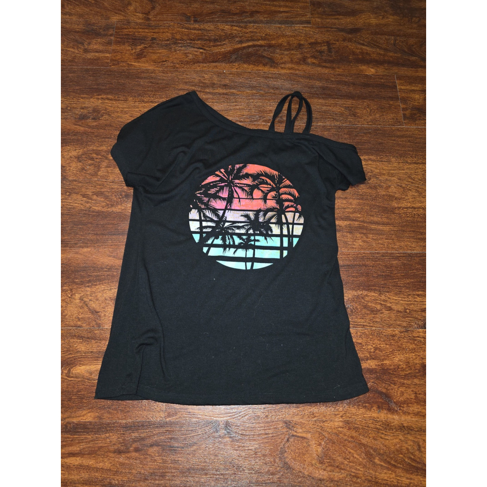 Womens Black one shoulder tropical vacation vibe shirt size small